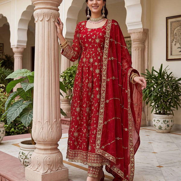 Lehenga Mart Designer Anarkali Suit With Kurta Pant Dupatta For Women-Red - Dista