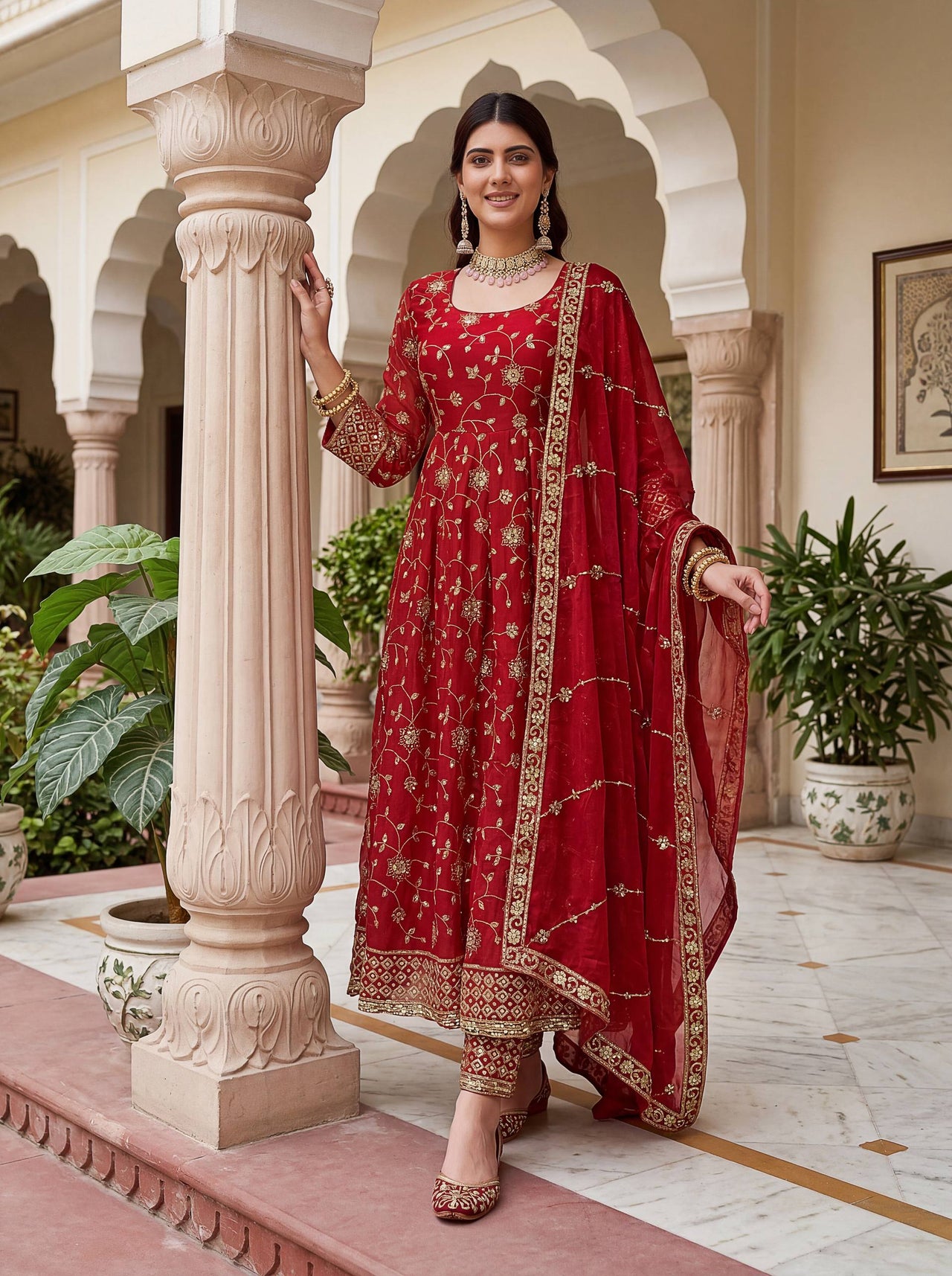 Lehenga Mart Designer Anarkali Suit With Kurta Pant Dupatta For Women-Red - Dista