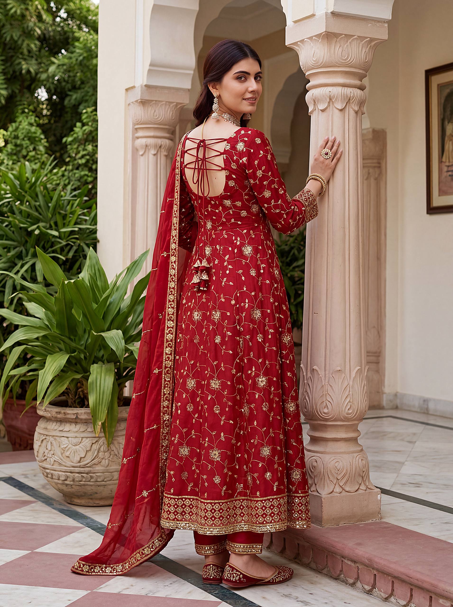 Lehenga Mart Designer Anarkali Suit With Kurta Pant Dupatta For Women-Red - Dista