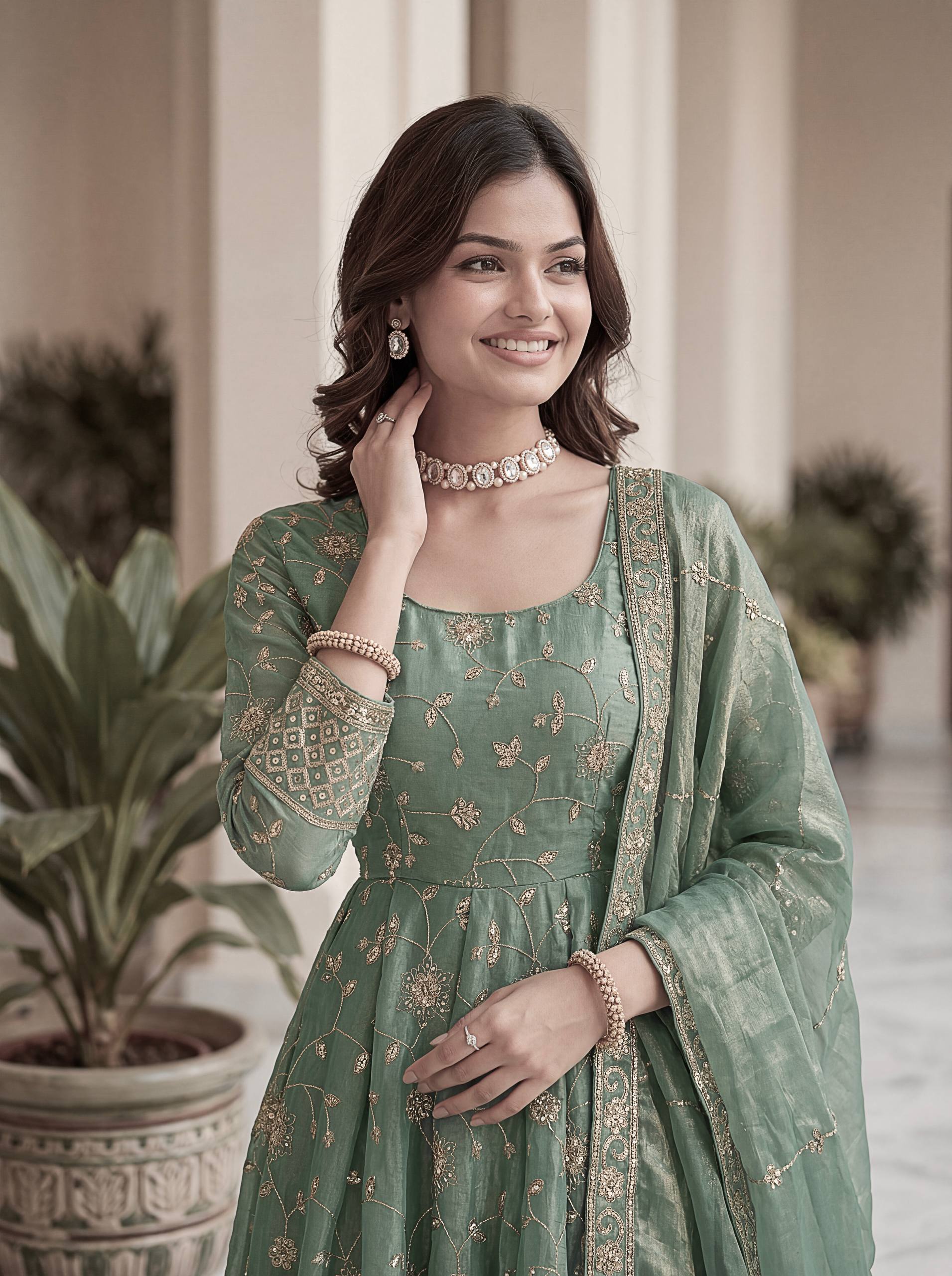 Lehenga Mart Designer Anarkali Suit With Kurta Pant Dupatta For Women-Sage Green - Dista