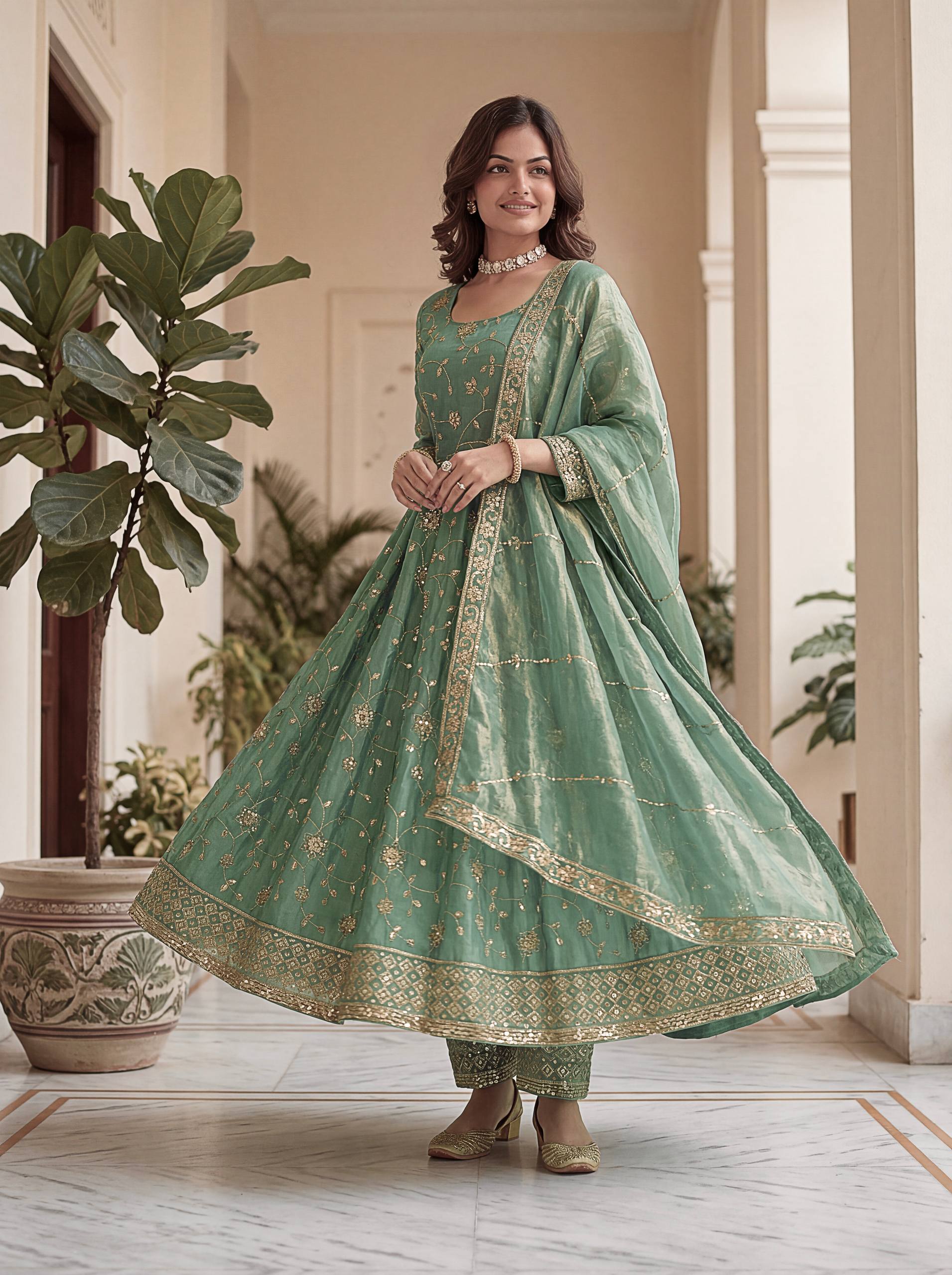 Lehenga Mart Designer Anarkali Suit With Kurta Pant Dupatta For Women-Sage Green - Dista