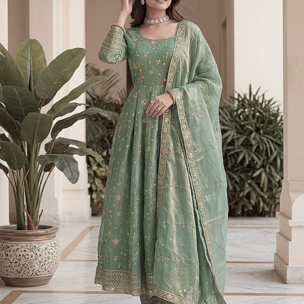 Lehenga Mart Designer Anarkali Suit With Kurta Pant Dupatta For Women-Sage Green - Dista