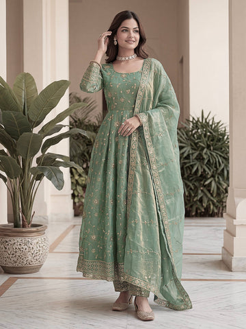 Lehenga Mart Designer Anarkali Suit With Kurta Pant Dupatta For Women-Sage Green - Dista