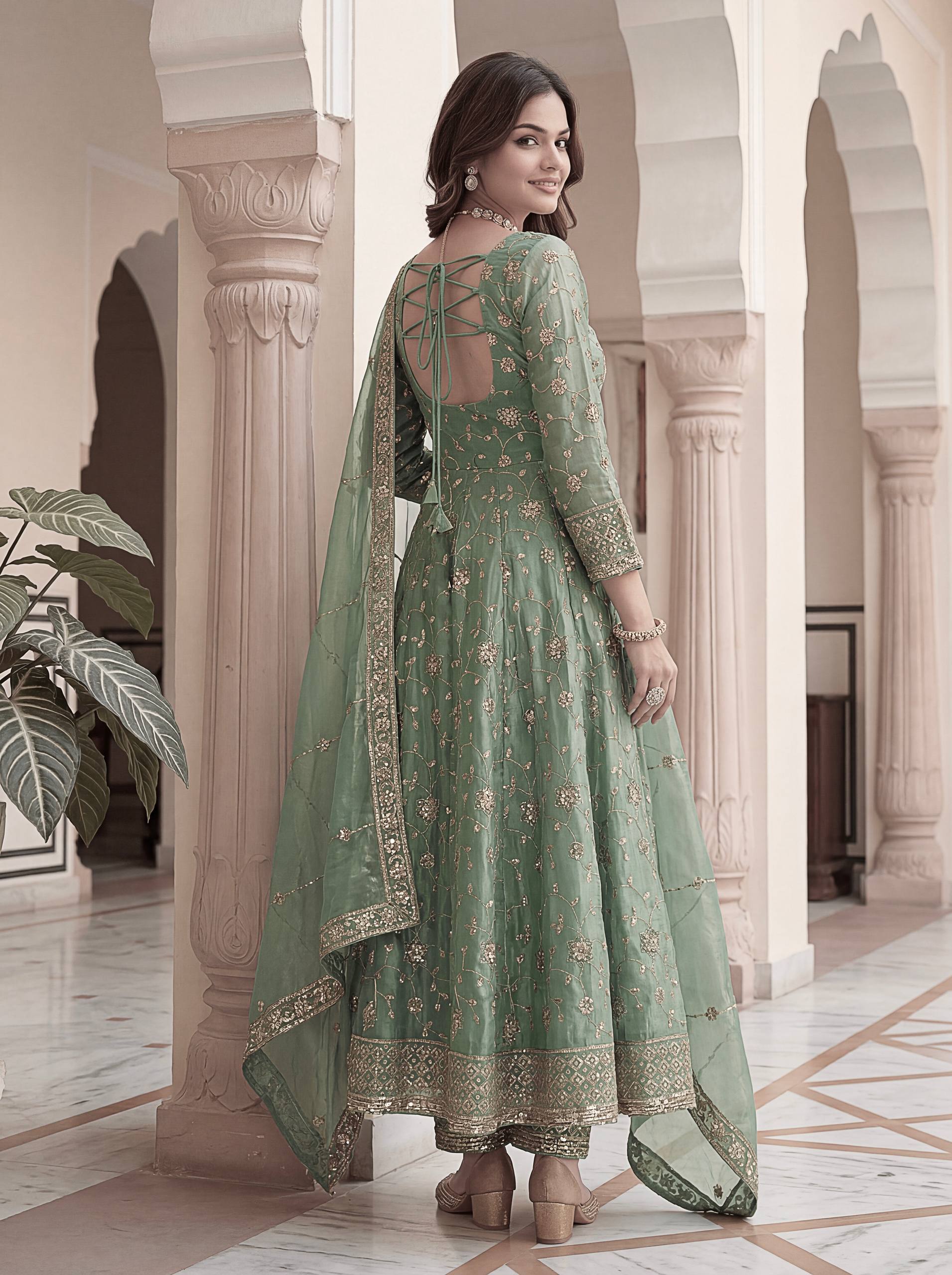 Lehenga Mart Designer Anarkali Suit With Kurta Pant Dupatta For Women-Sage Green - Dista