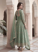 Thumbnail for Lehenga Mart Designer Anarkali Suit With Kurta Pant Dupatta For Women-Sage Green - Dista