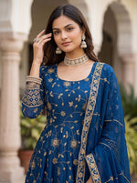 Thumbnail for Lehenga Mart Designer Anarkali Suit With Kurta Pant Dupatta For Women-Teal Blue - Dista