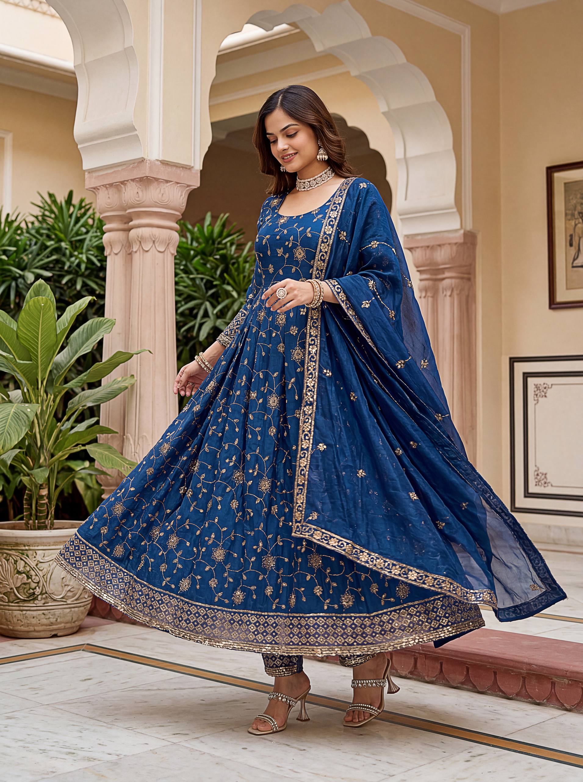 Lehenga Mart Designer Anarkali Suit With Kurta Pant Dupatta For Women-Teal Blue - Dista