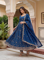 Thumbnail for Lehenga Mart Designer Anarkali Suit With Kurta Pant Dupatta For Women-Teal Blue - Dista