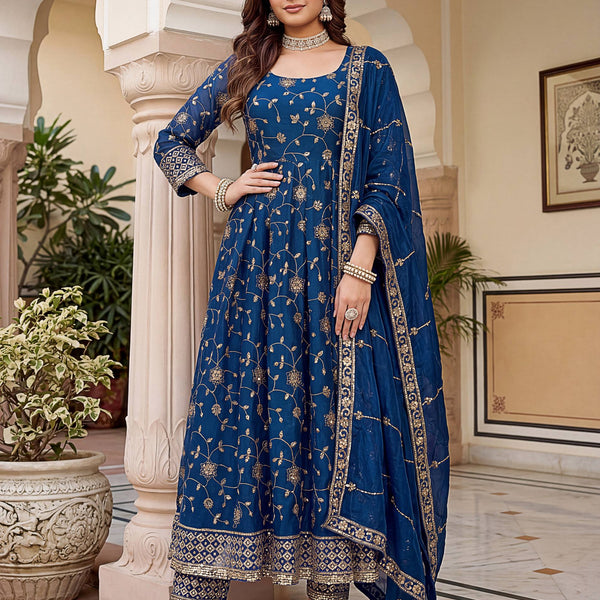 Lehenga Mart Designer Anarkali Suit With Kurta Pant Dupatta For Women-Teal Blue - Dista