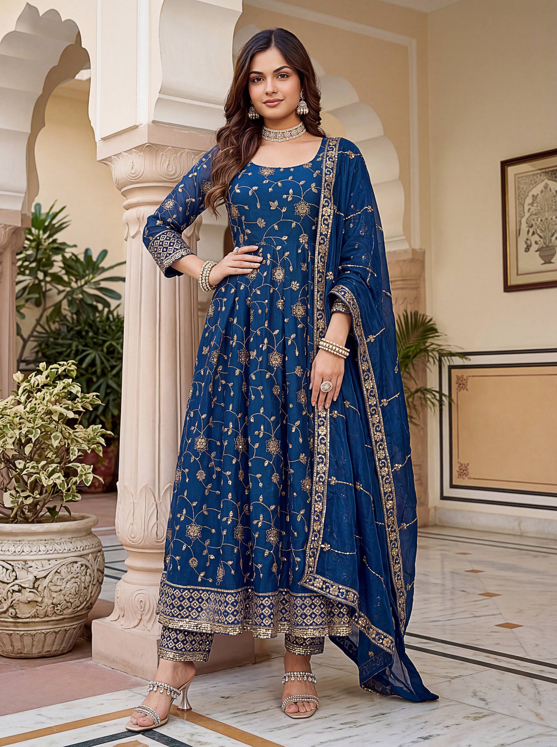 Lehenga Mart Designer Anarkali Suit With Kurta Pant Dupatta For Women-Teal Blue - Dista