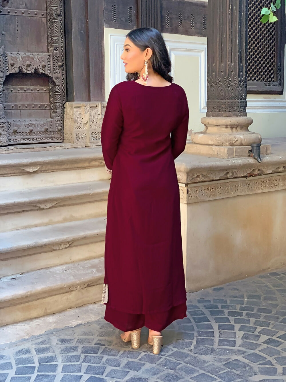 Divine Drape Women's Vichitra Silk Embroidered Straight Kurta Pant With Dupatta - Wine
