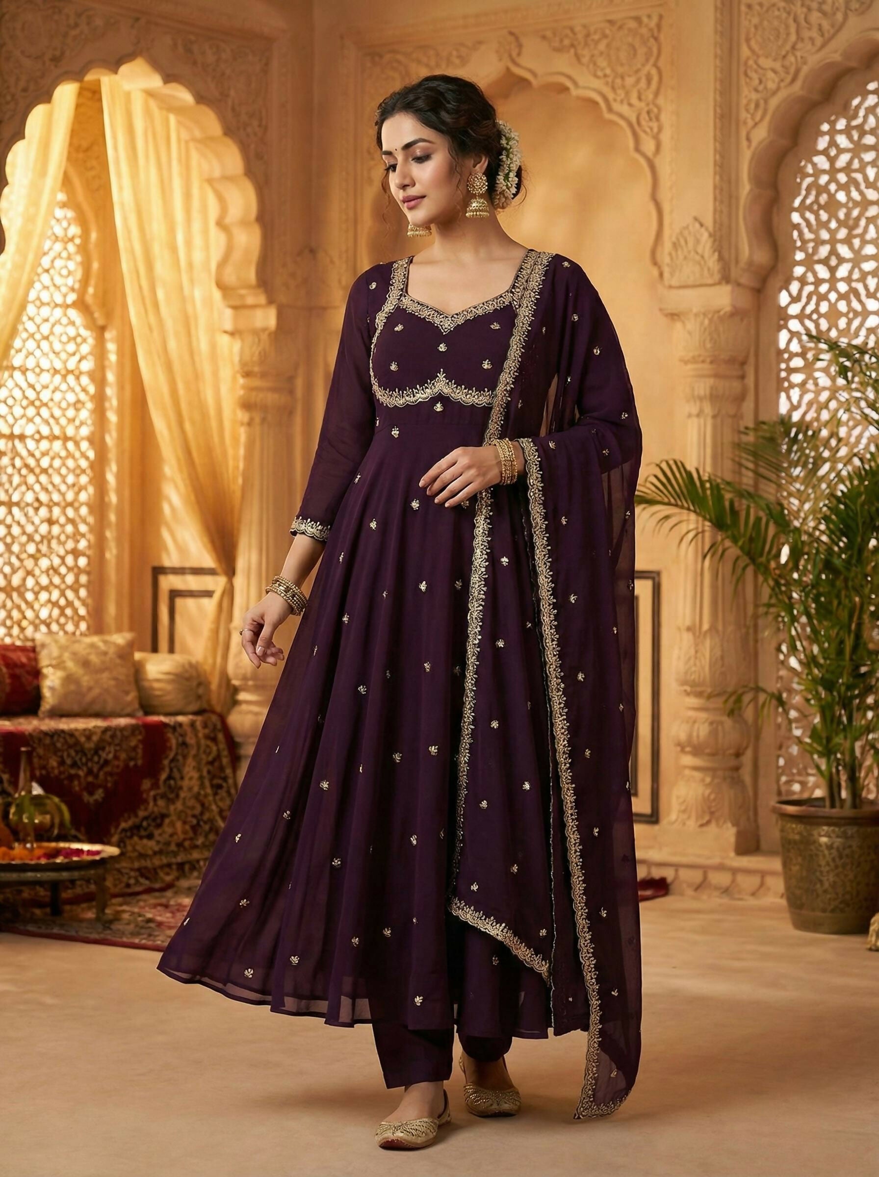 Teeya Creation Womens New Fancy Fox Georgette Heavy Quality Fabric With Handwork Brown Gown Set - Dista