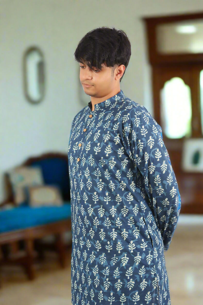 Souchii Men's Ethnic Printed Pure Cotton Kurta – Indigo Leaf Motif