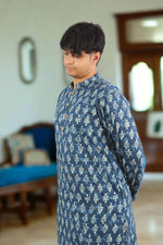 Thumbnail for Souchii Men's Ethnic Printed Pure Cotton Kurta – Indigo Leaf Motif