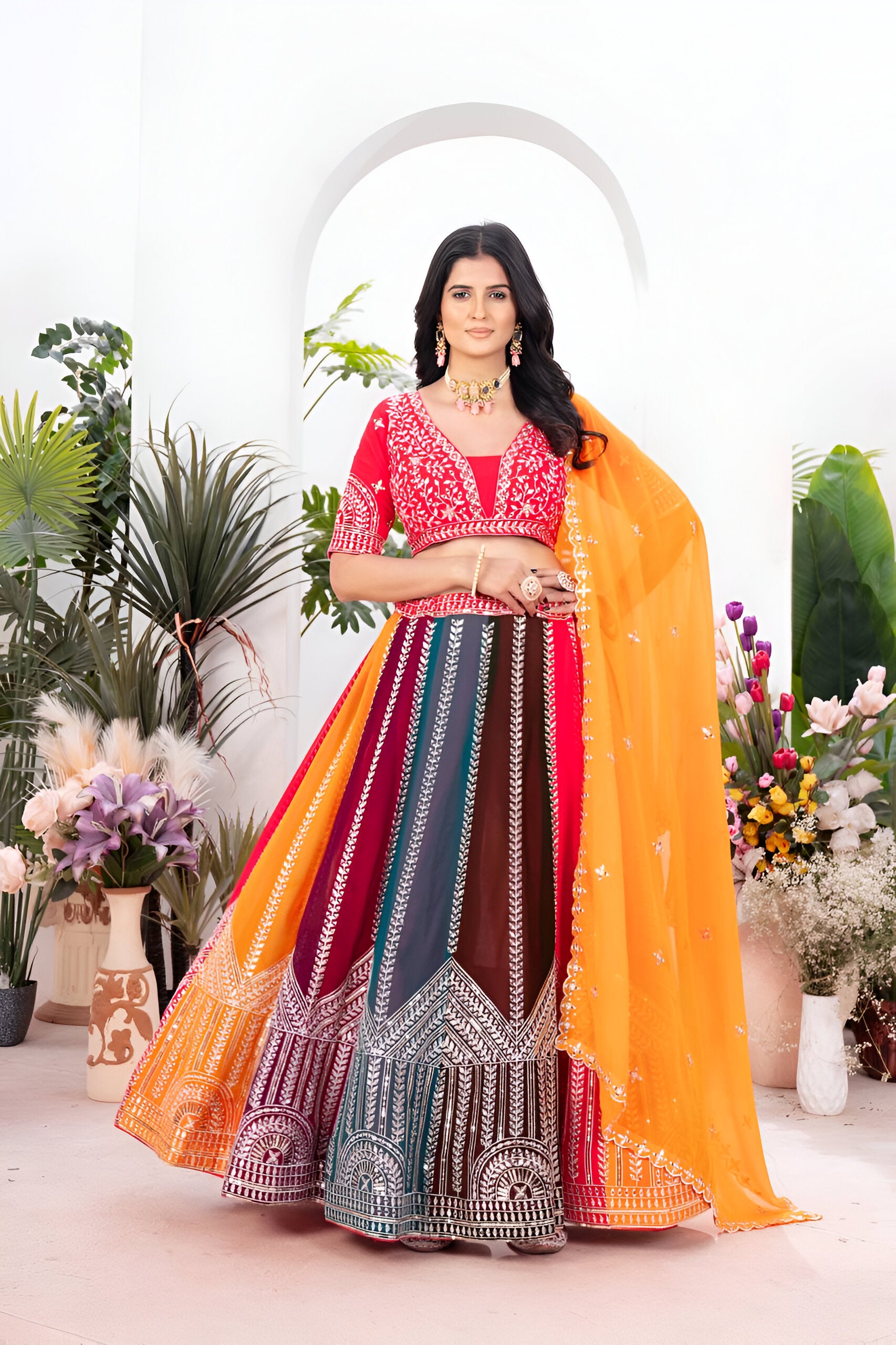 Lehenga Mart Multicolor Georgette Desigenr Wedding Lehnega Choli