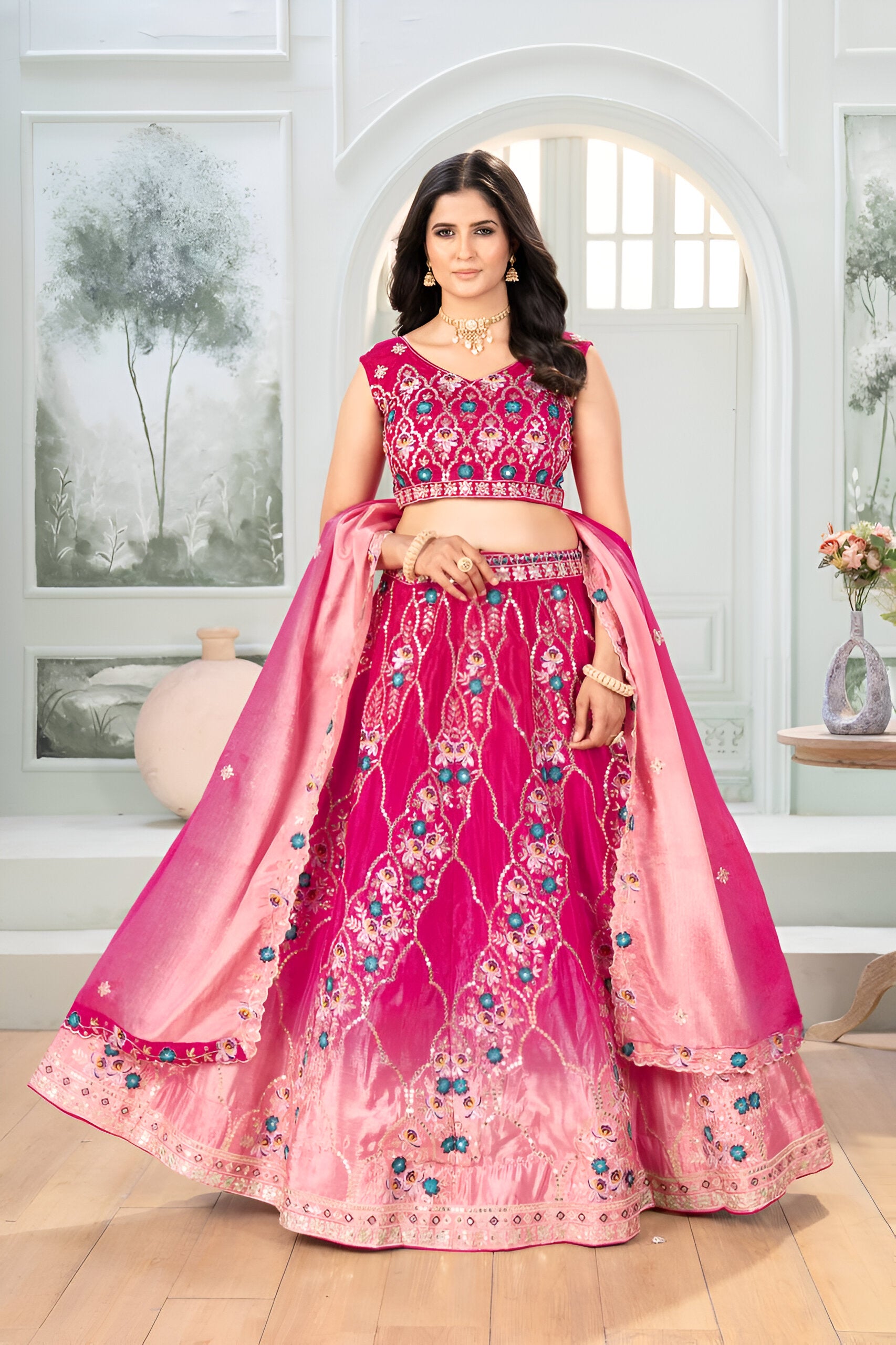 Lehenga Mart Pink Chinon  Desigenr Wedding Lehnega Choli