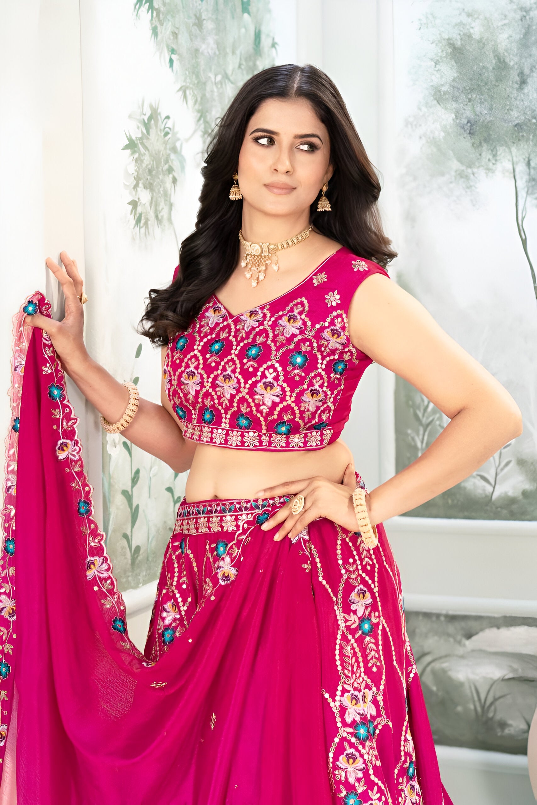 Lehenga Mart Pink Chinon  Desigenr Wedding Lehnega Choli