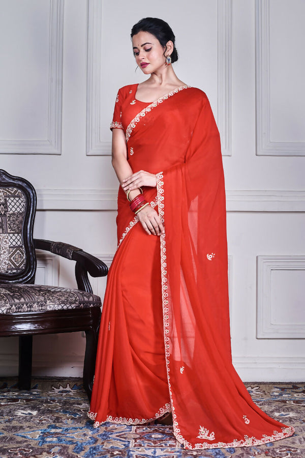 Morchari Red Chiffon Hand Embroidery Saree And Stitched Blouse
