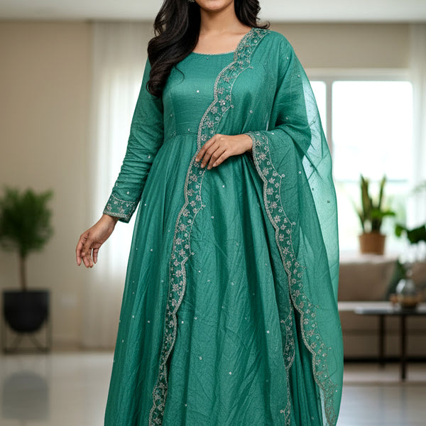 Lehenga Mart Premium Readymade Gown With Dupatta Set For Women-Bottle Green - Distacart