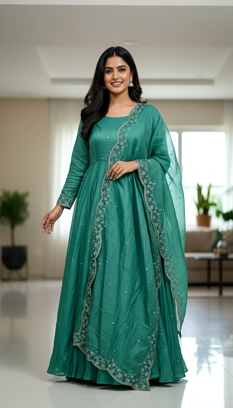 Lehenga Mart Premium Readymade Gown With Dupatta Set For Women-Bottle Green