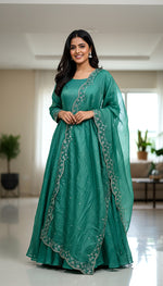 Thumbnail for Lehenga Mart Premium Readymade Gown With Dupatta Set For Women-Bottle Green - Distacart