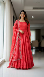 Thumbnail for Lehenga Mart Premium Readymade Gown With Dupatta Set For Women-Coral pink - Distacart