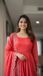 Thumbnail for Lehenga Mart Premium Readymade Gown With Dupatta Set For Women-Coral pink - Distacart