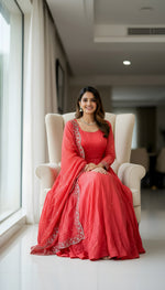 Thumbnail for Lehenga Mart Premium Readymade Gown With Dupatta Set For Women-Coral pink - Distacart