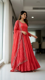 Thumbnail for Lehenga Mart Premium Readymade Gown With Dupatta Set For Women-Coral pink - Distacart