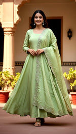 Thumbnail for Lehenga Mart Premium Readymade Gown With Dupatta Set For Women-Pista - Distacart