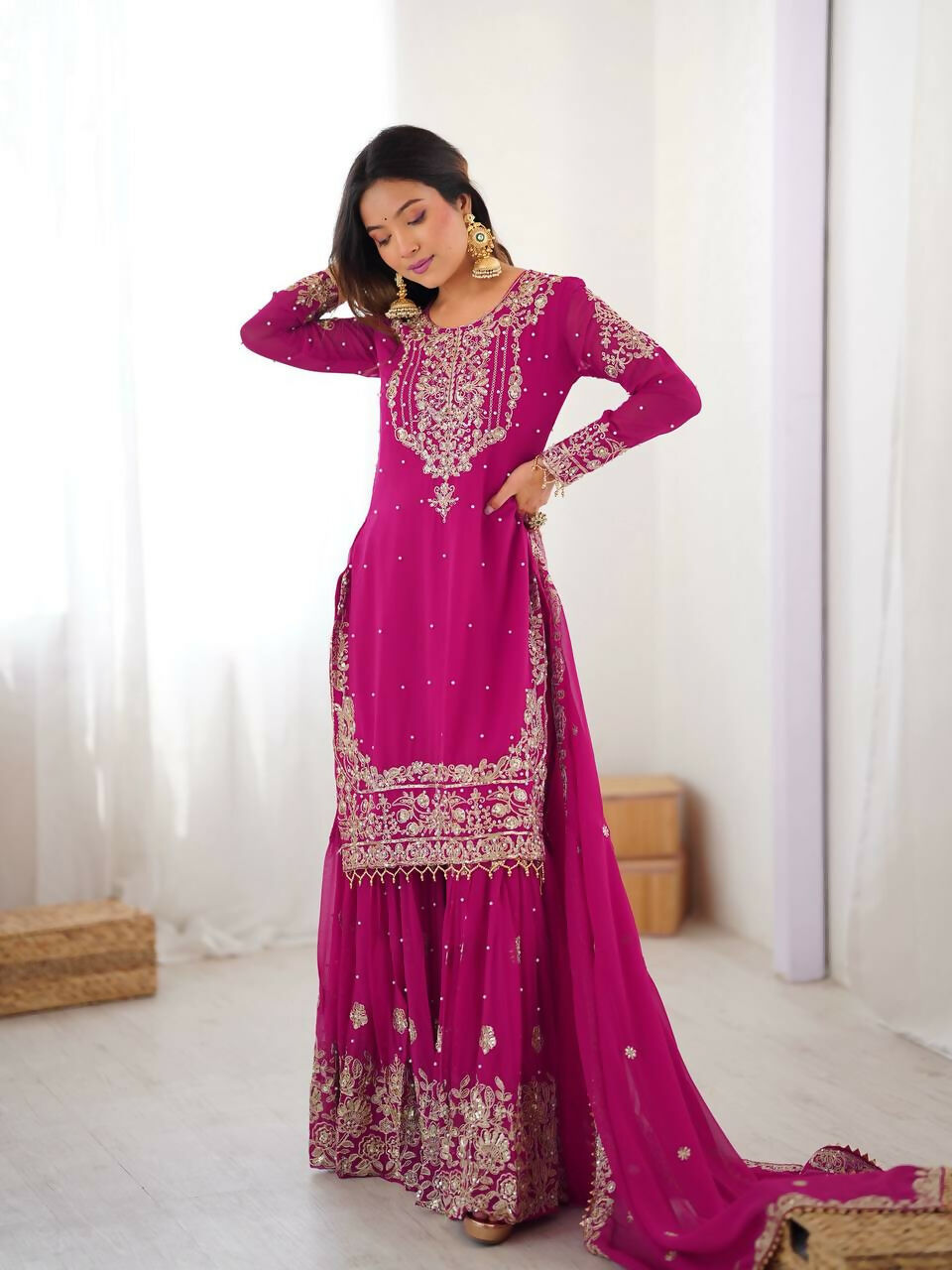The52 Women's Beautiful Faux Georgette Fabric Embroidery Work Straight Kurt Sharara and Dupatta Set - Distacart