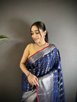 Thumbnail for Joban Fashion Navy Blue Checked Soft Silk Kanjivaram Silk Saree - Distacart