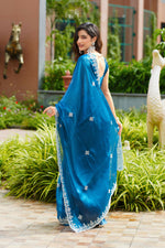 Thumbnail for Vastranavya Firozi Embroidery Work Shimmer Chiffon Saree with Unstitched Blouse