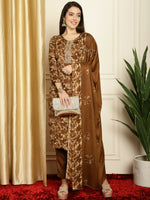 Thumbnail for Jyoti Fashion Women's Brown Pashmina Floral Digital Printed Kurta with Trouser & Dupatta - Distacart