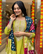 Thumbnail for The52 Lemons Women's Gorgeous Embroidered Viscose Chanderi Fabric Straight Kurta Pant with Dupatta Set - Distacart