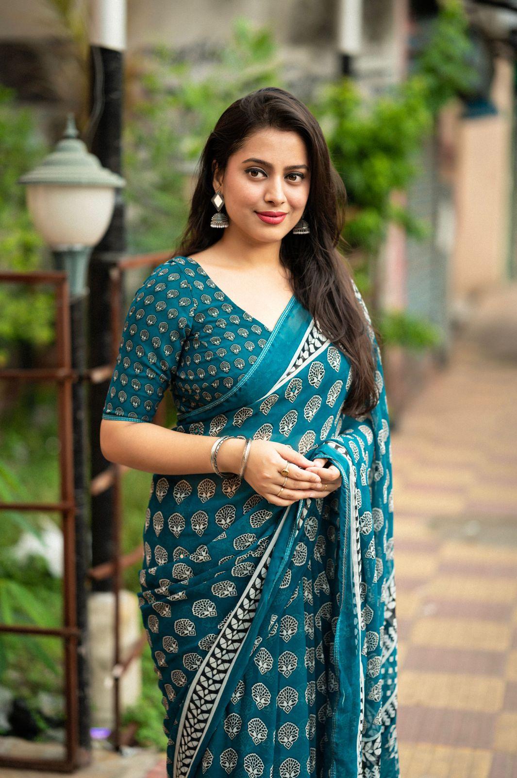 Rama Poly Georgette Ajrak Saree with Unstitched Blouse - Hiral Fashion - Distacart