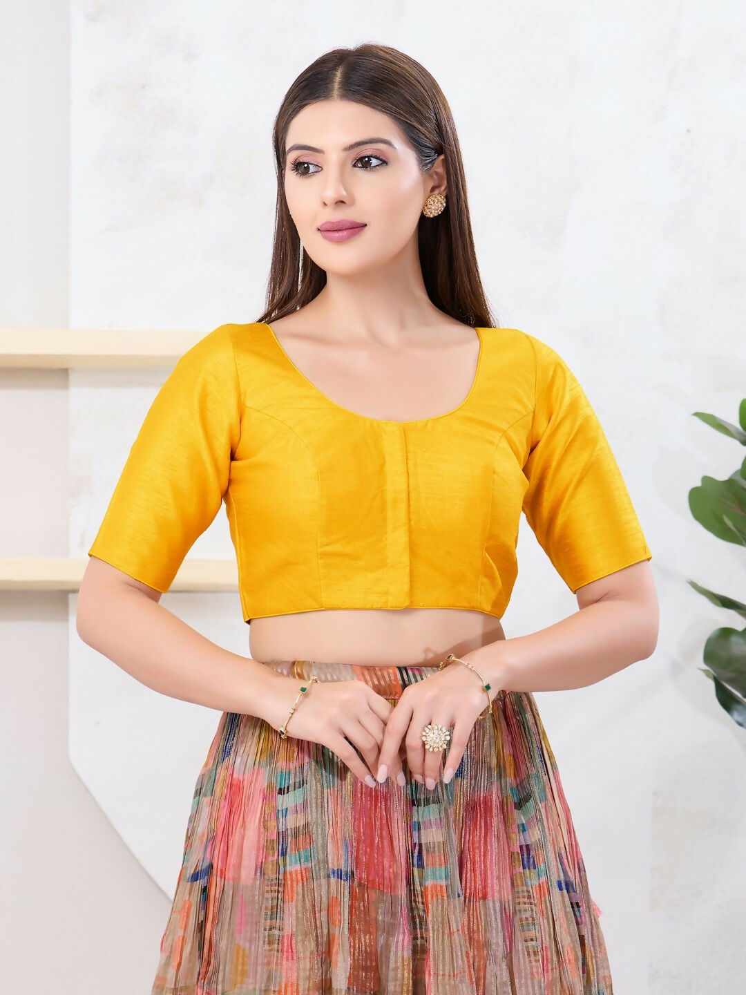 Joban Fashion Yellow Dupion Silk Elbow Sleeveless Front Open Blouse