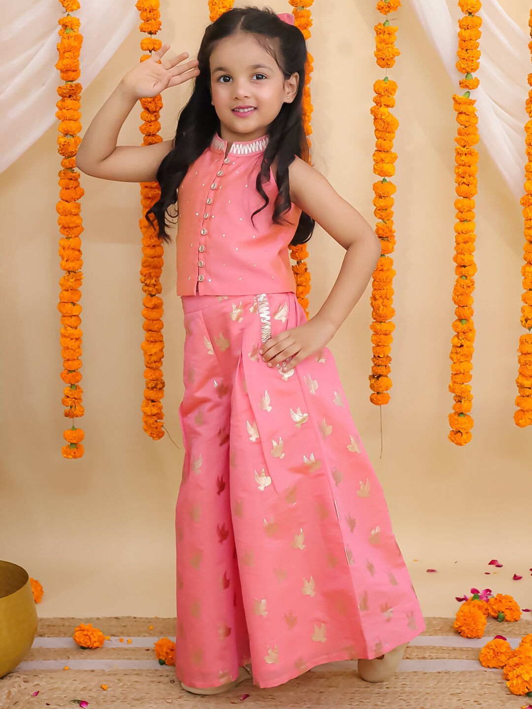 Lil Drama Mishti Peach Top and Pant Set For Girls