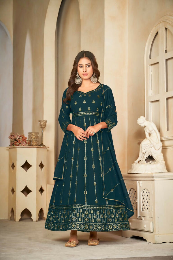 Jyoti Fashion Women's Rama Georgette Embroidered Anarkali Kurta Pant Set With Dupatta - Distacart