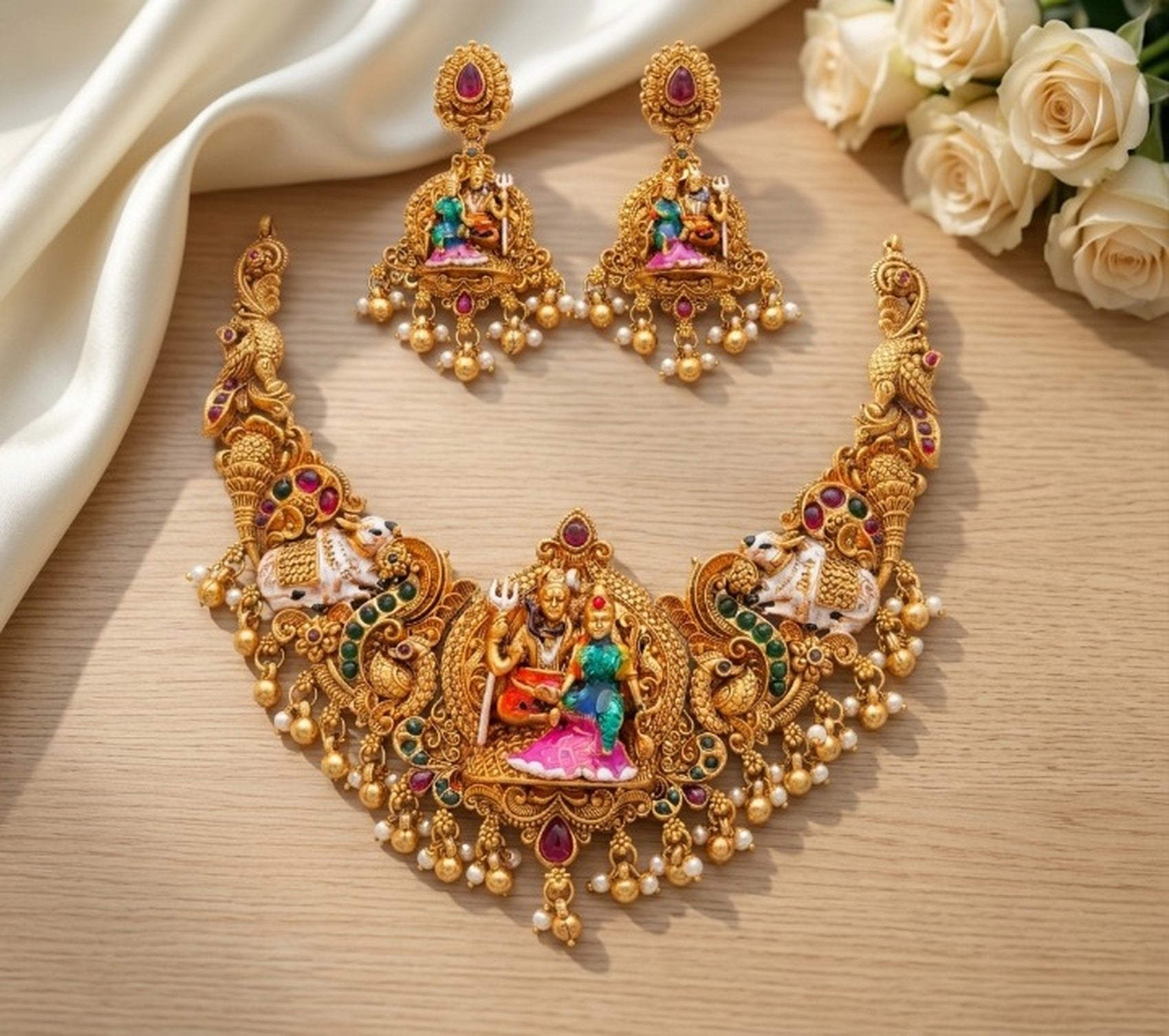 Jewel City Antique Gold South Indian Temple Jewelry Set|Necklace With Jhumkas For Festive Wear - Dista
