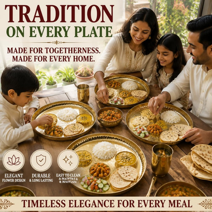 Pure Source India Handmade Flower Embossed Design Brass Puja Thali - Dista