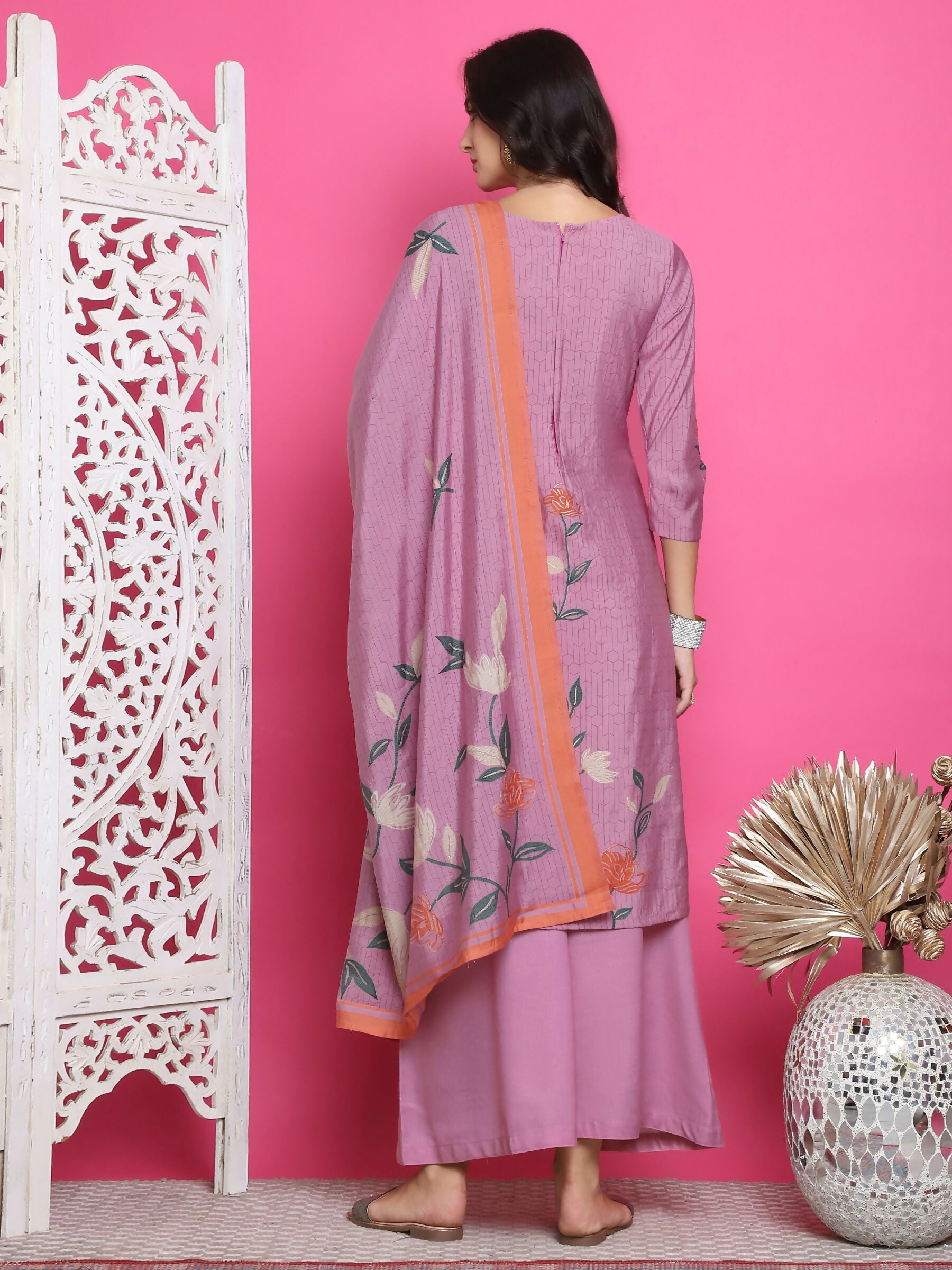 Jyoti Fashion Women's Purple Muslin Floral Print with Jari & Crystal work Kurta with Trouser & Dupatta - Distacart