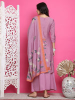 Thumbnail for Jyoti Fashion Women's Purple Muslin Floral Print with Jari & Crystal work Kurta with Trouser & Dupatta - Distacart