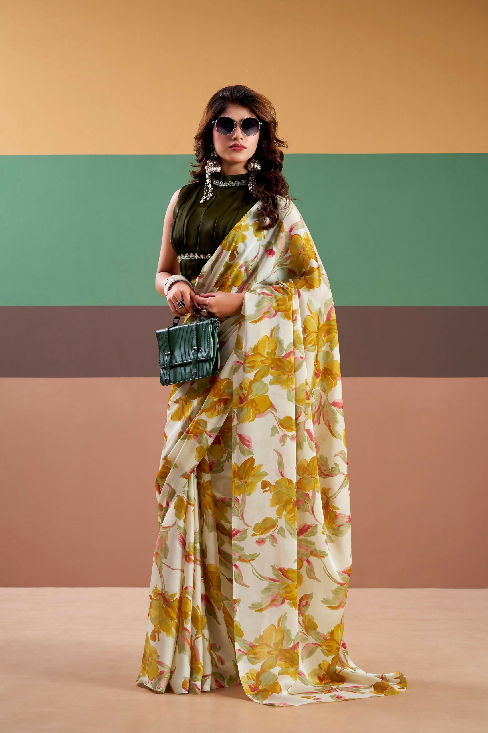 Vastranavya Yellow Satin Silk Floral Printed Saree with Stitched Blouse - Distacart