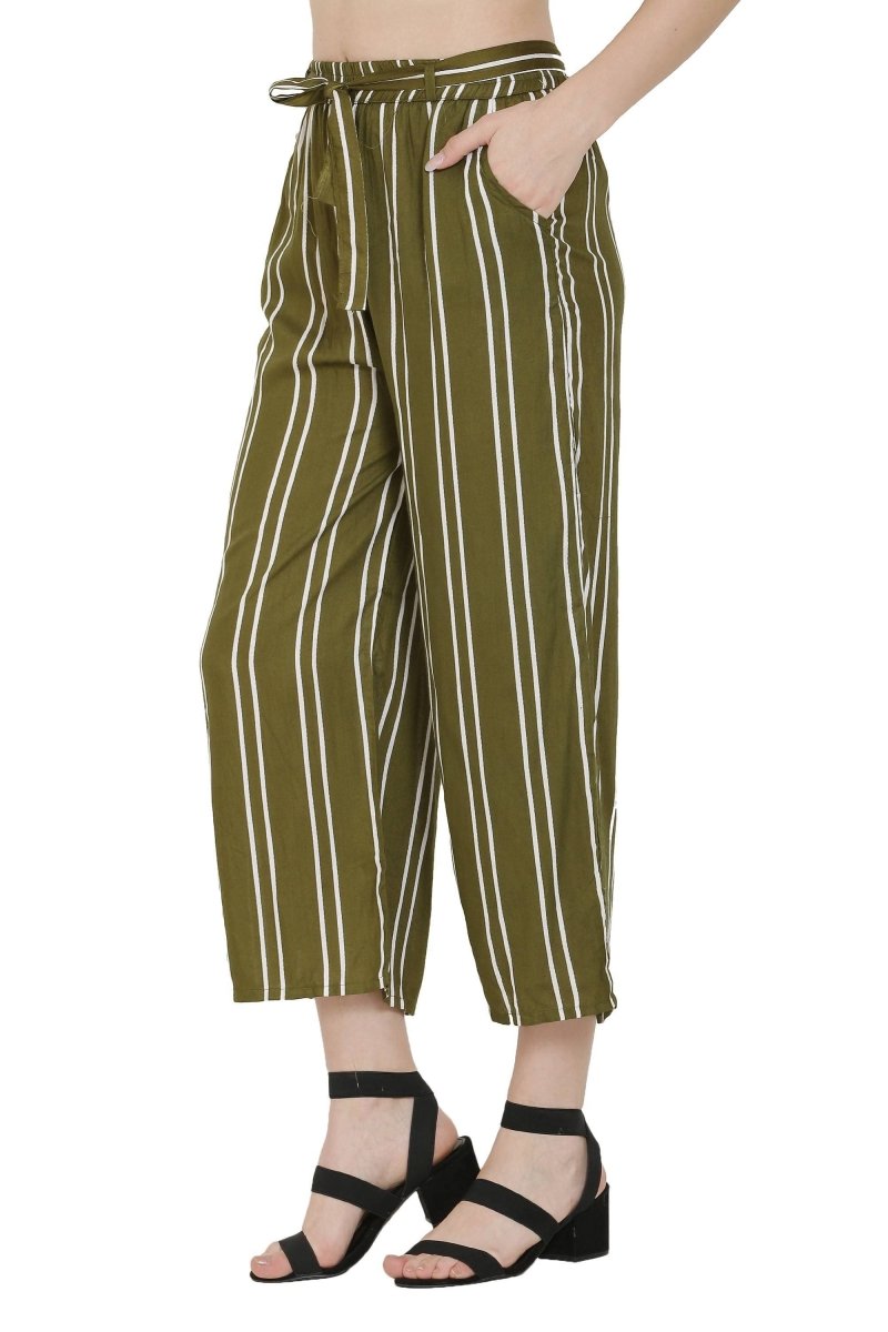 Asmaani Olive Green Color Rayon Fabric Stripped Palazzo