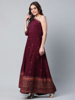 Thumbnail for Ahalyaa Women Burgundy & Gold-Toned Ethnic Motifs One Shoulder Ethnic Maxi Dress - Distacart