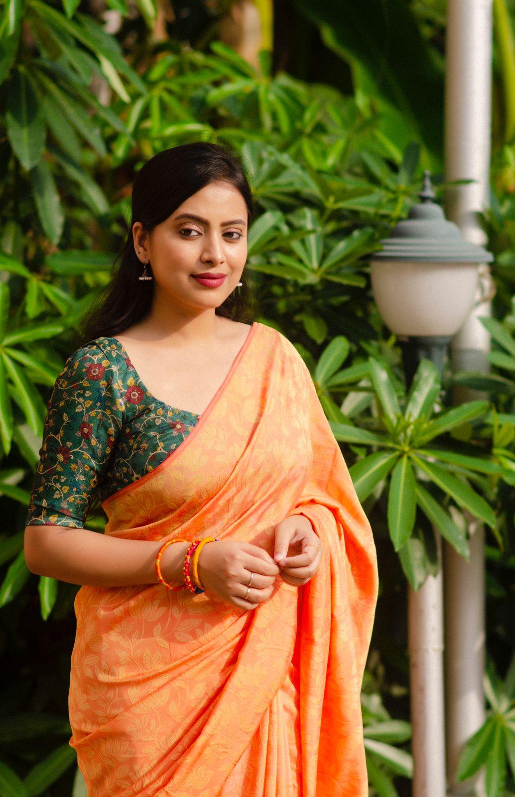Saffron Jute Silk Woven Design Saree with Unstitched Blouse - Hiral Fashion - Distacart