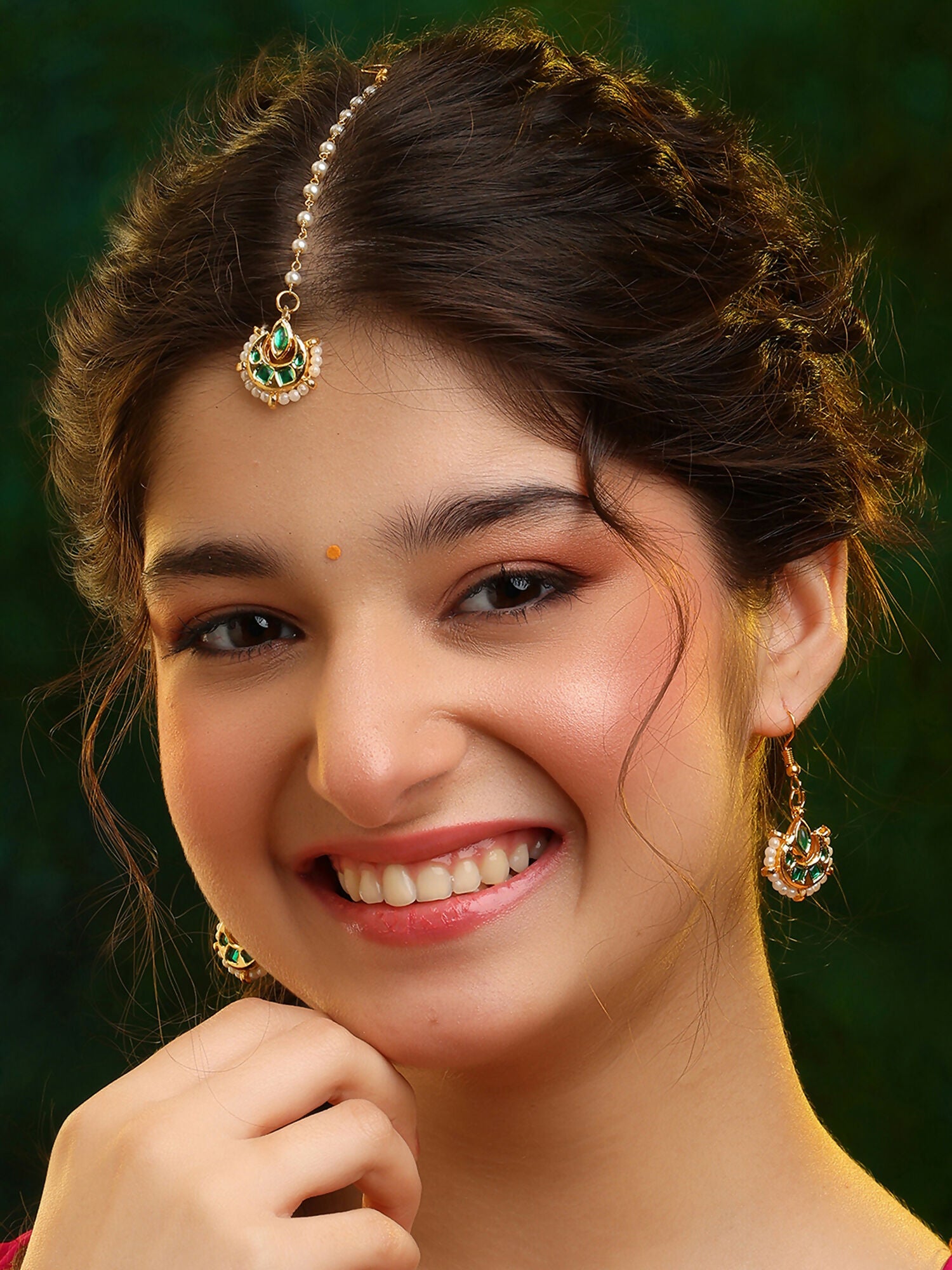 Ruby Raang Gold Green Kundan Earrings And Maang Tikka