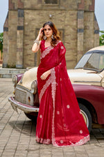 Thumbnail for Vastranavya Red Embroidery Work Shimmer Chiffon Saree with Unstitched Blouse