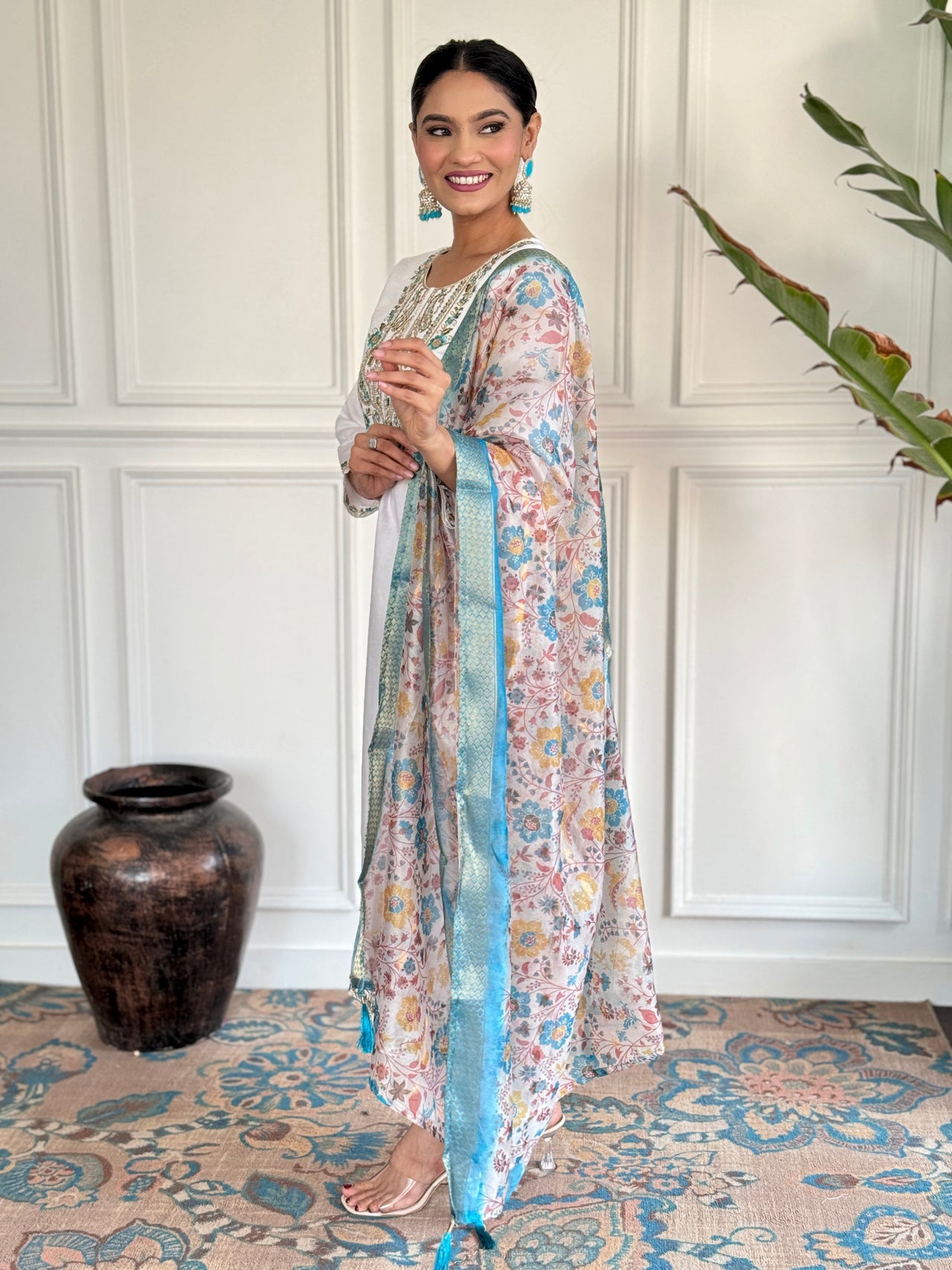Women Round Neck Kalamkari Printed Work Chanderi Viscose Fabric Kurta & Pant With Dupatta Set - Taantav